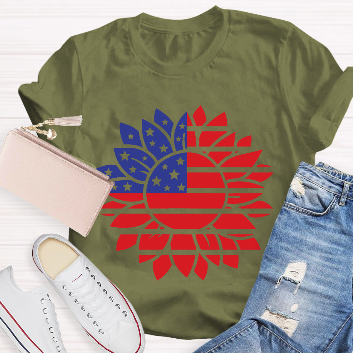 Stars and Stripes Sunflower Teacher T-Shirt