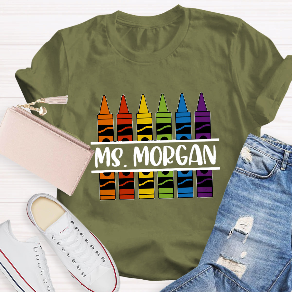 Personalized Name Crayon Printed Teacher T-shirt