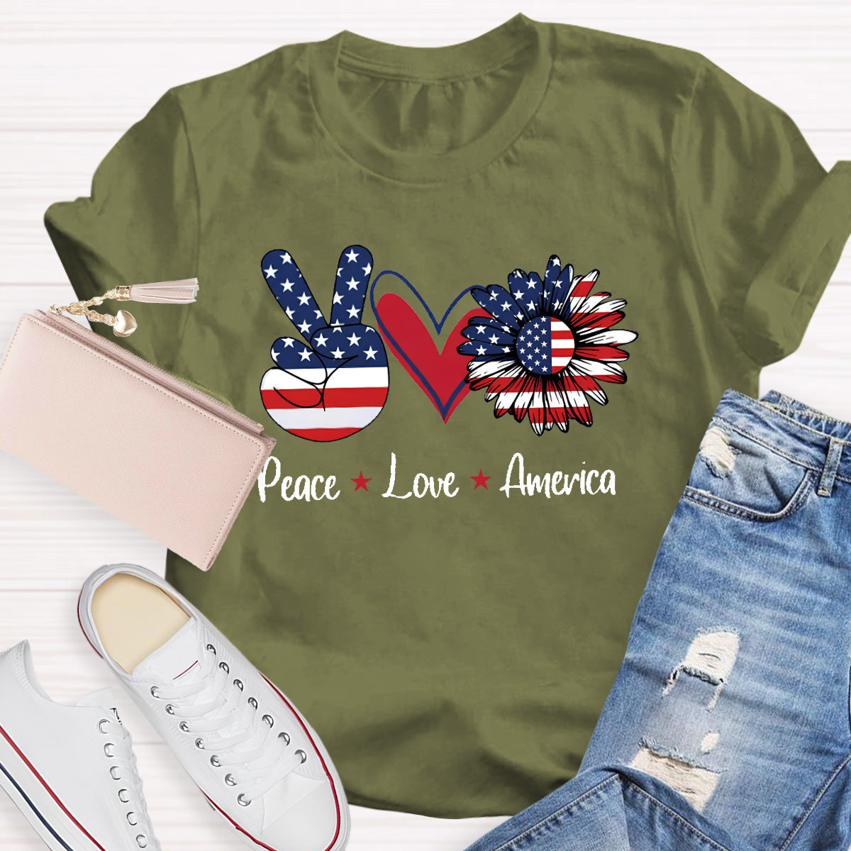 Peace Love America Star Teacher T-Shirt