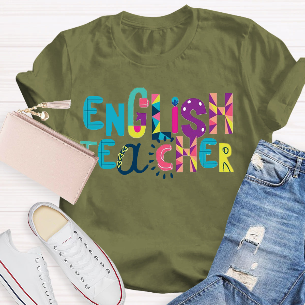 Artistic Color Block Design English Teacher T-Shirt