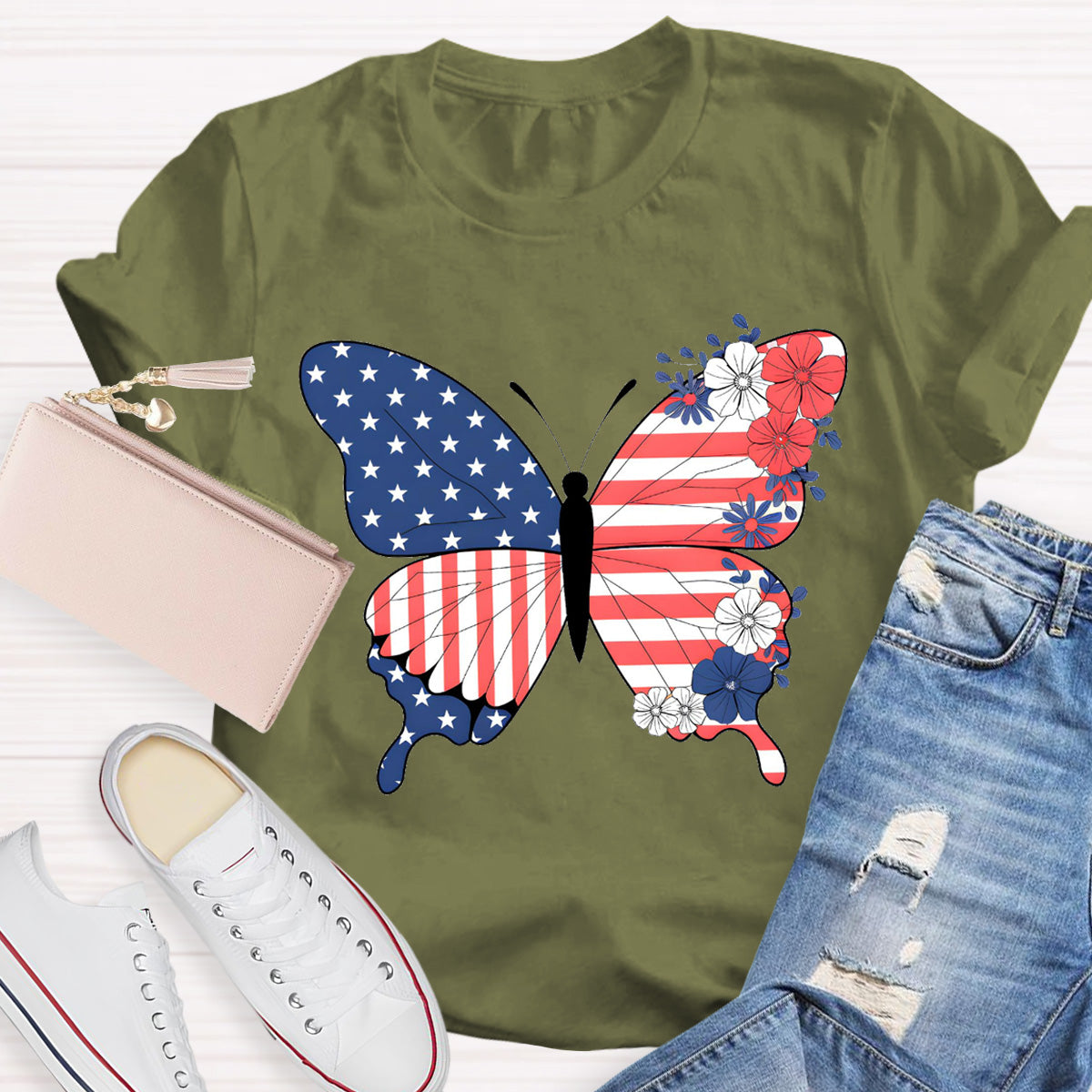 American Flag Butterfly Teacher T-Shirt