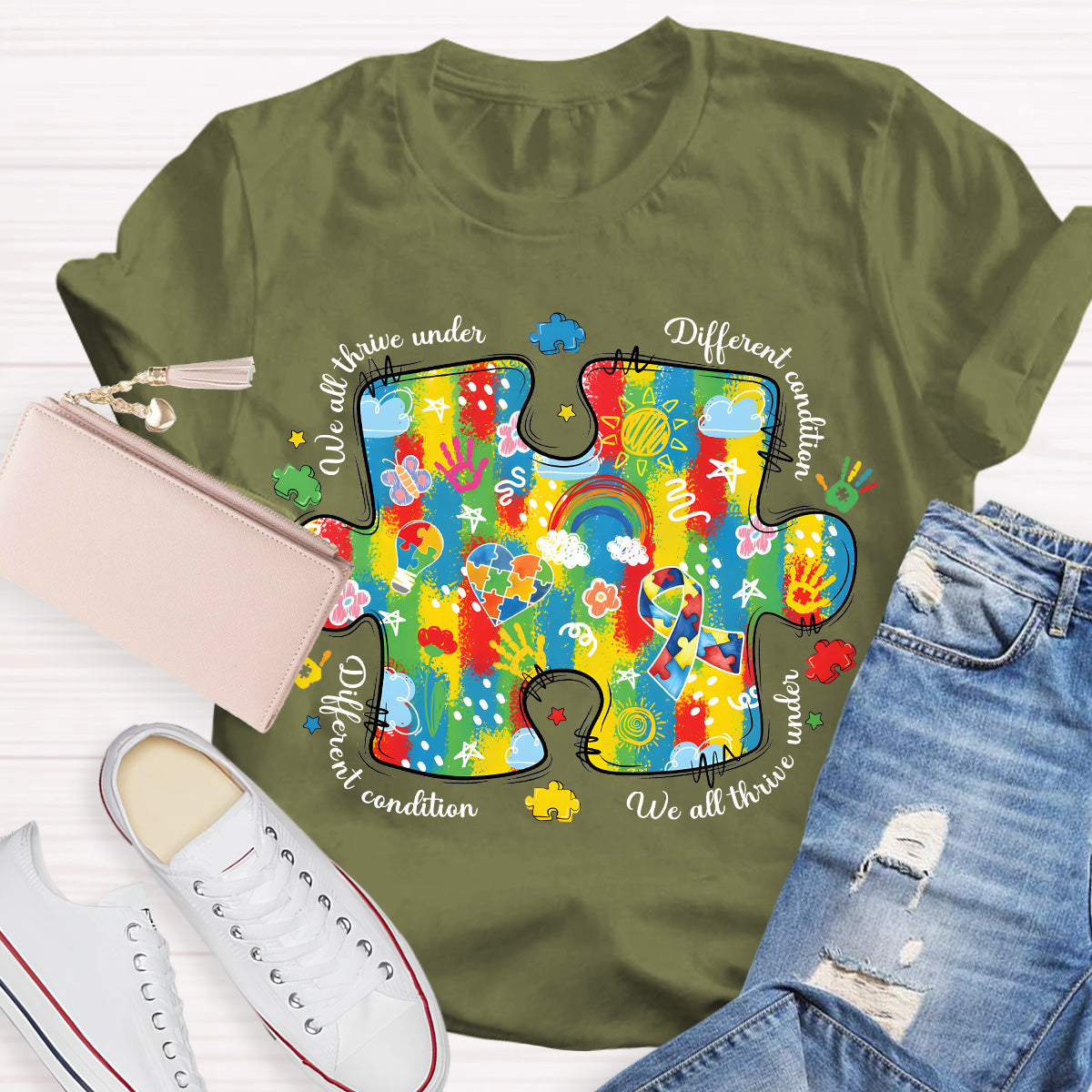 We All Think Under Different Condition Rainbow Puzzle Teacher T-Shirt