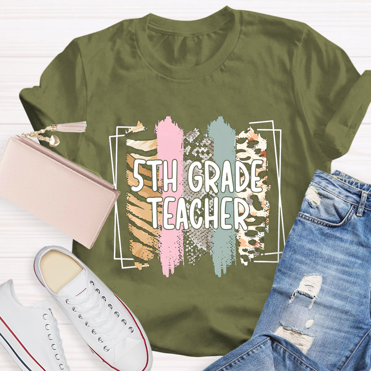 Personalized Grade Color Block 5th Grade Teacher T-Shirt