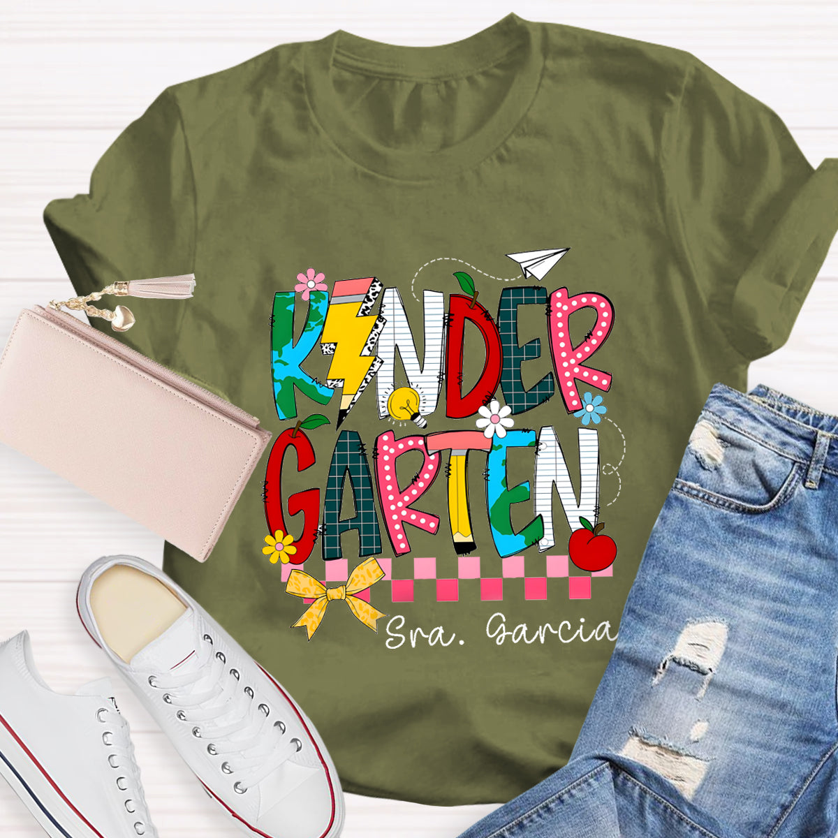 Personalized Grade And Name  Apple Pencil light Teacher T-Shirt