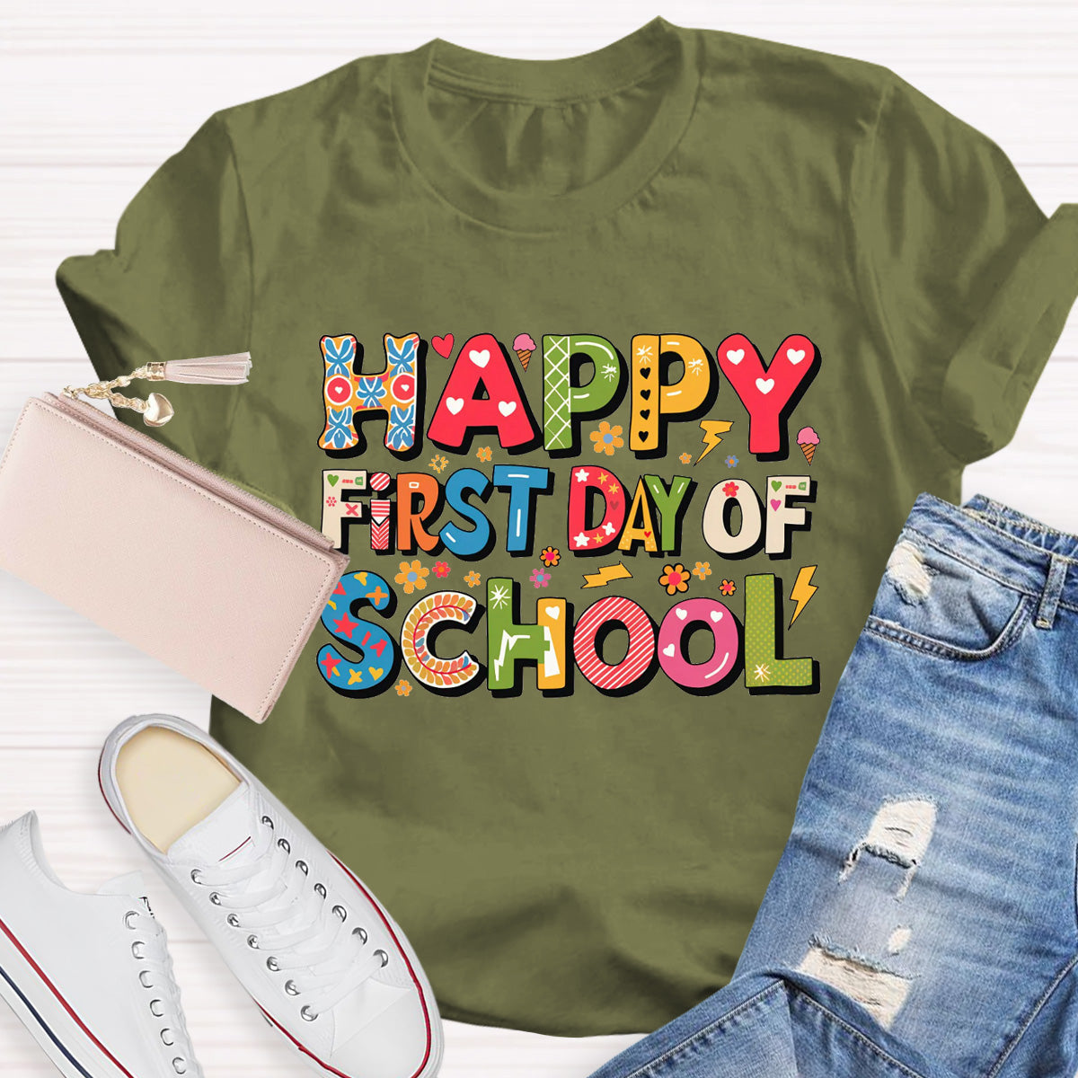 Happy First Day Of School Heart Printed Teacher T-Shirt