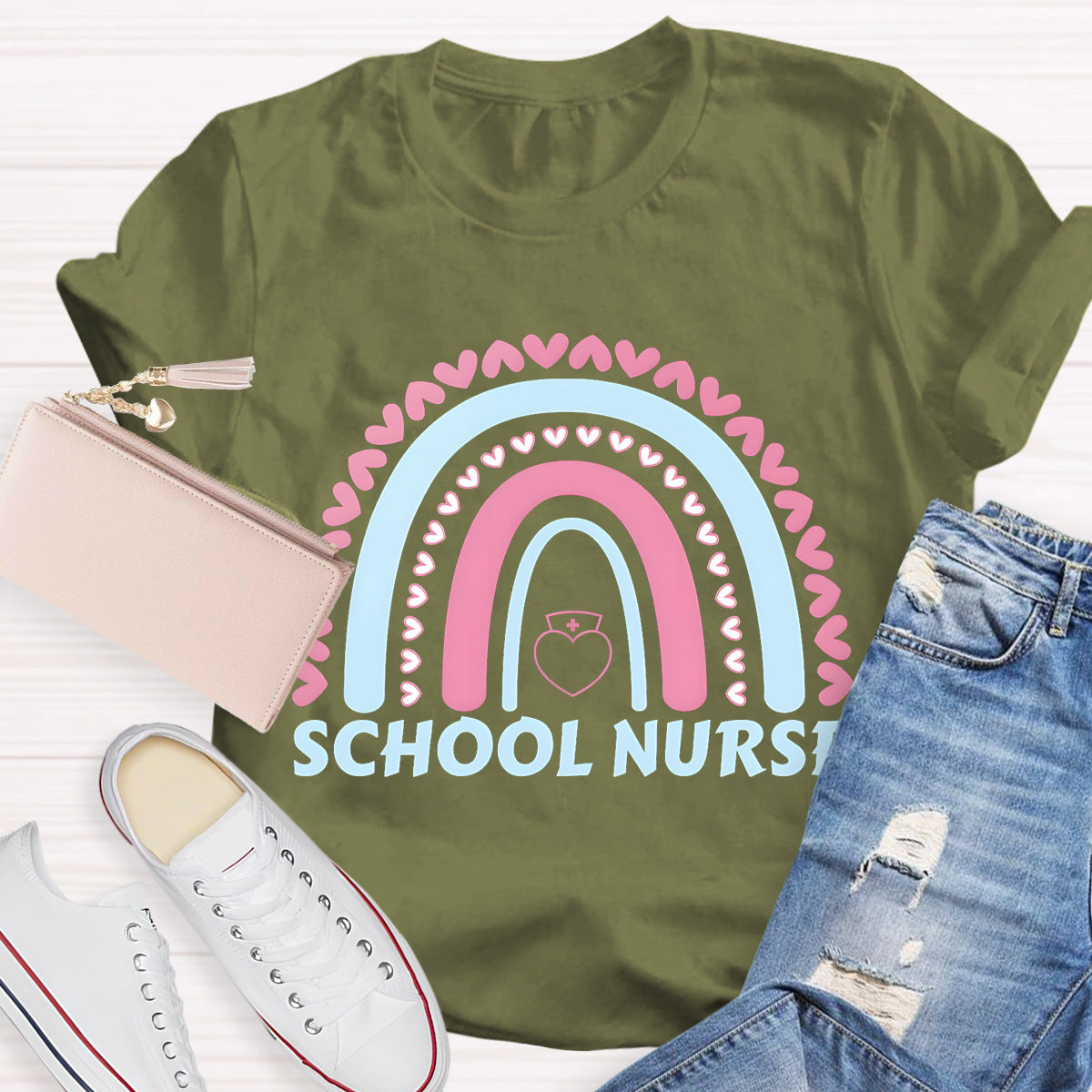 School Nurse Rainbow Pink Heart T-Shirt