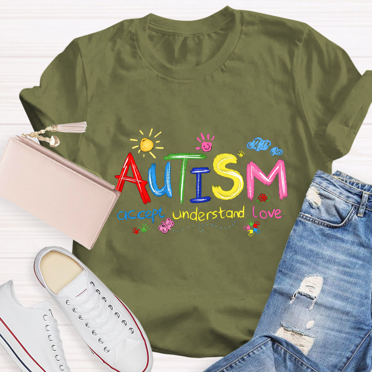 Brushstroke Autism Love Accept Teacher T-Shirt