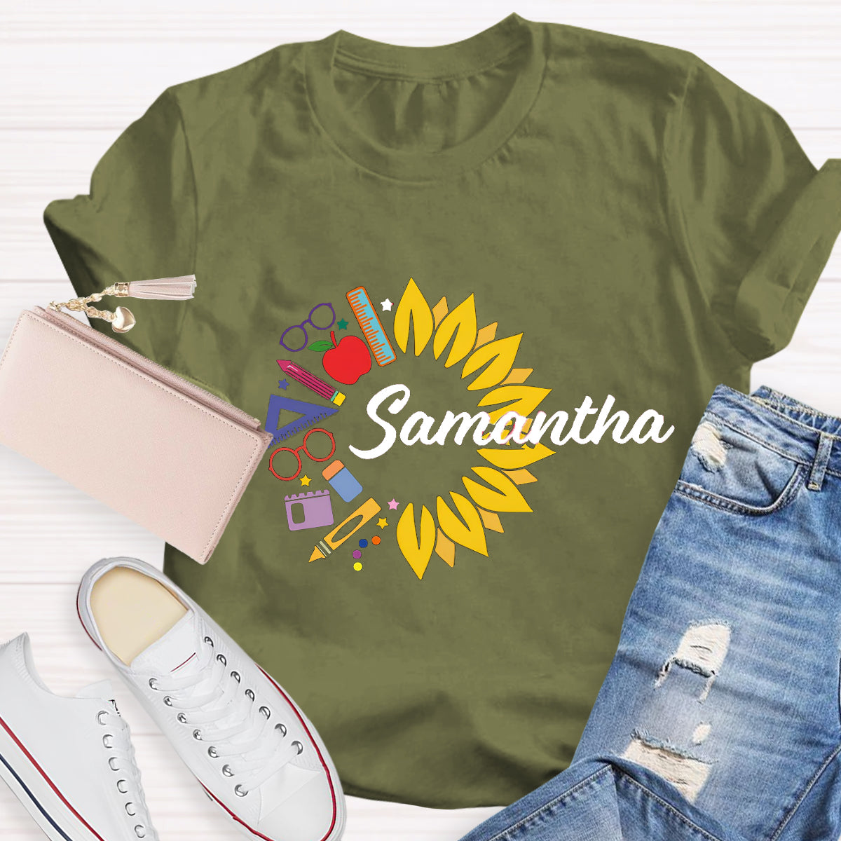 Personalized Name Sunflower Pencil Samantha Teacher T-Shirt