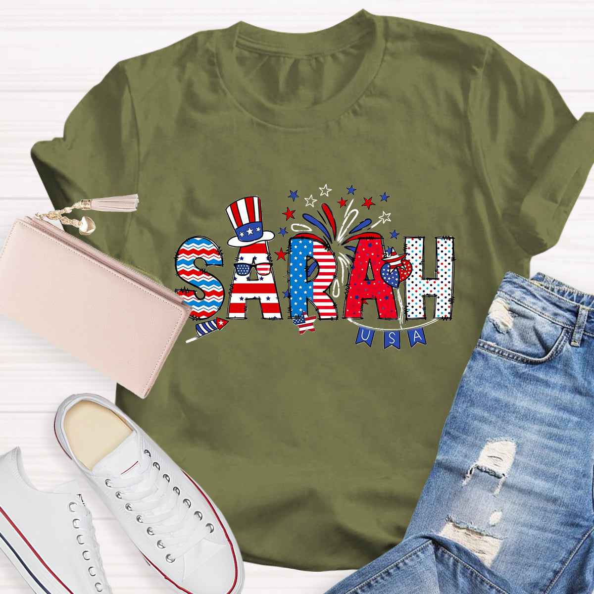 Personalized Independence Day Name Teacher T-Shirt