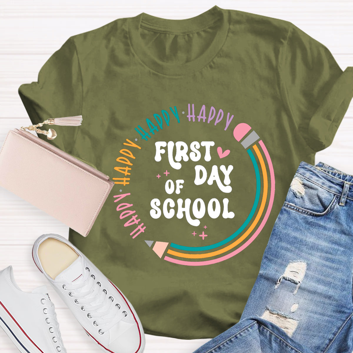 Happy First Day Of School Pencil Circle Teacher T-Shirt