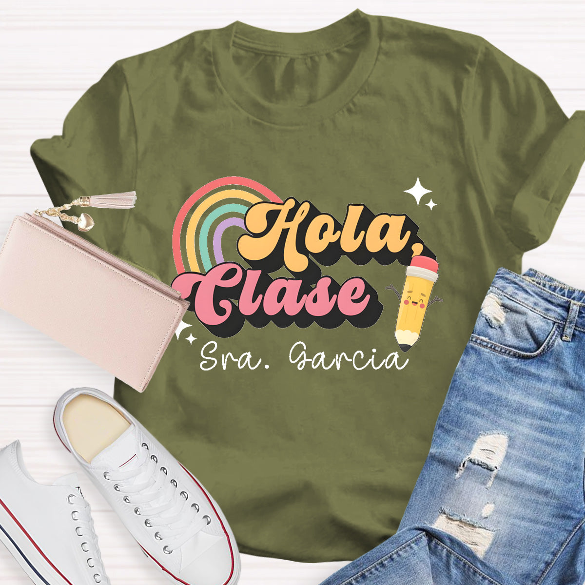 Personalized Name Hola Clase Spanish Teacher T-Shirt