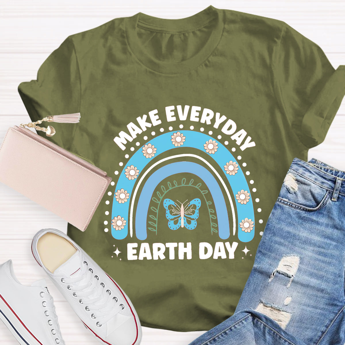 Make Everyday Earth Day Butterfly Flower Rainbow T-Shirt