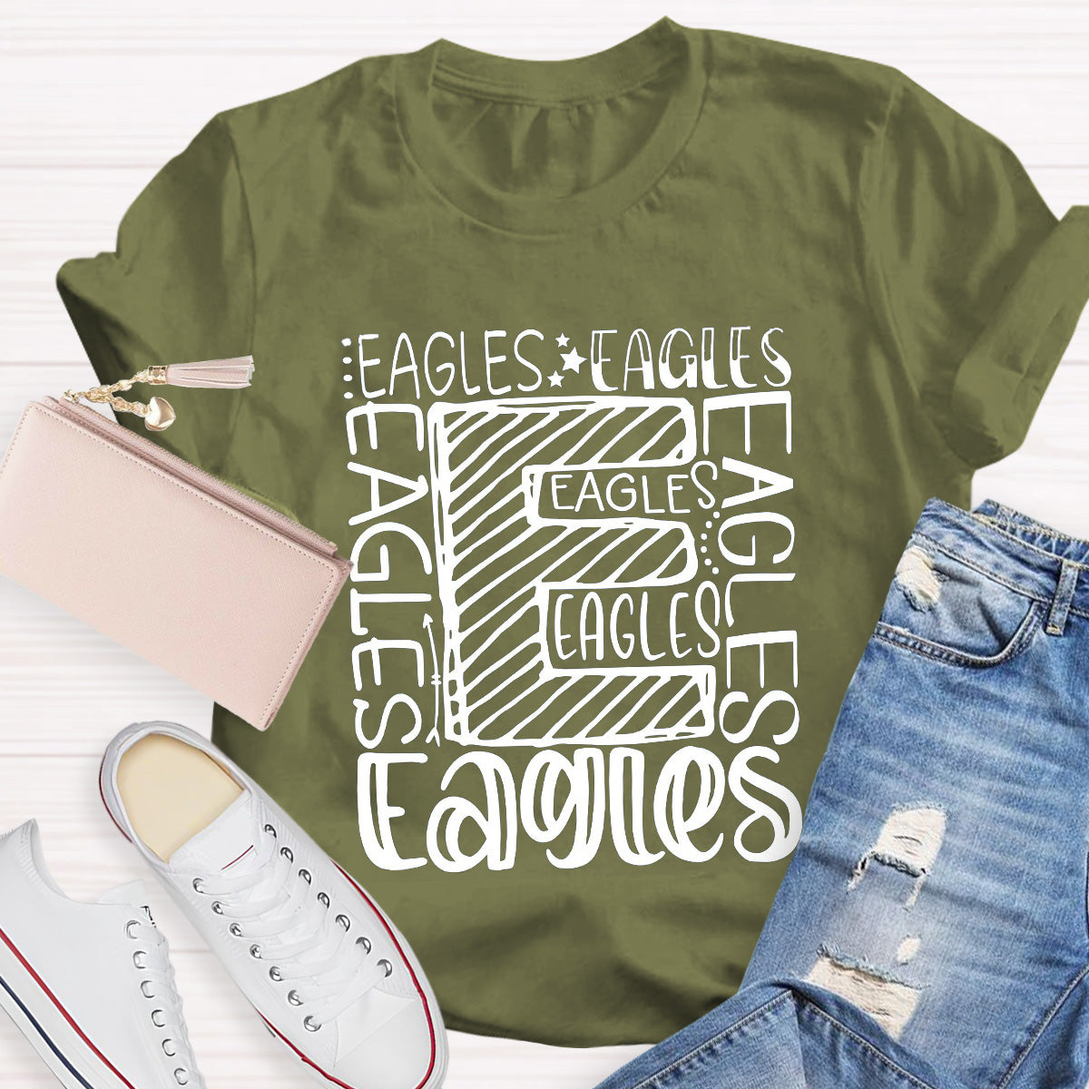 Personalized School Mascot Eagles Black Letters Teacher T-Shirt