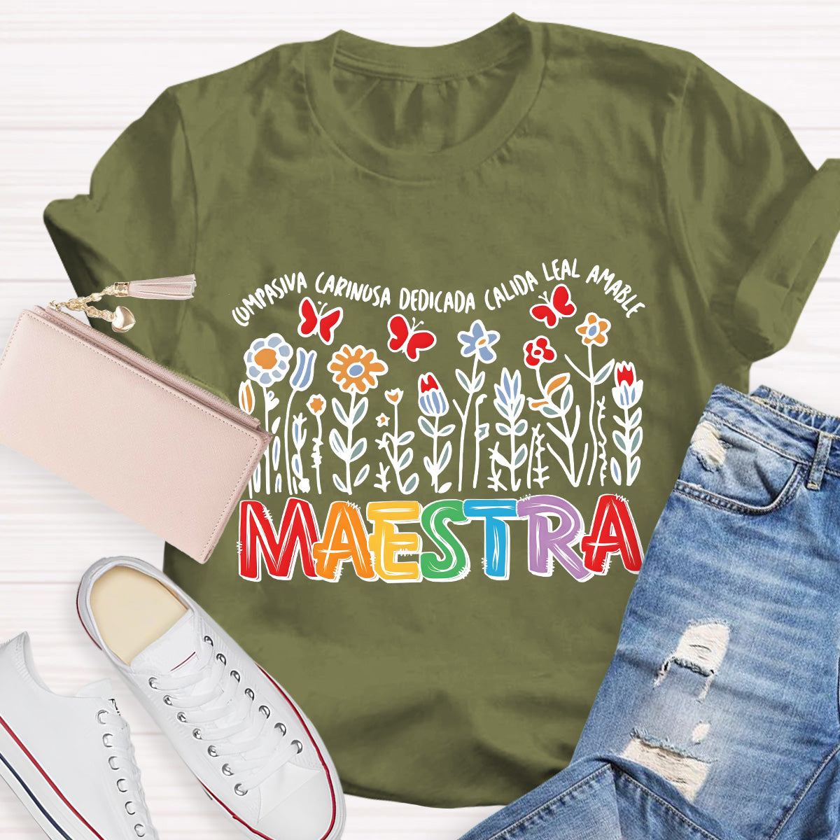 Maestra Butterfly And Flowers Teacher T-Shirt