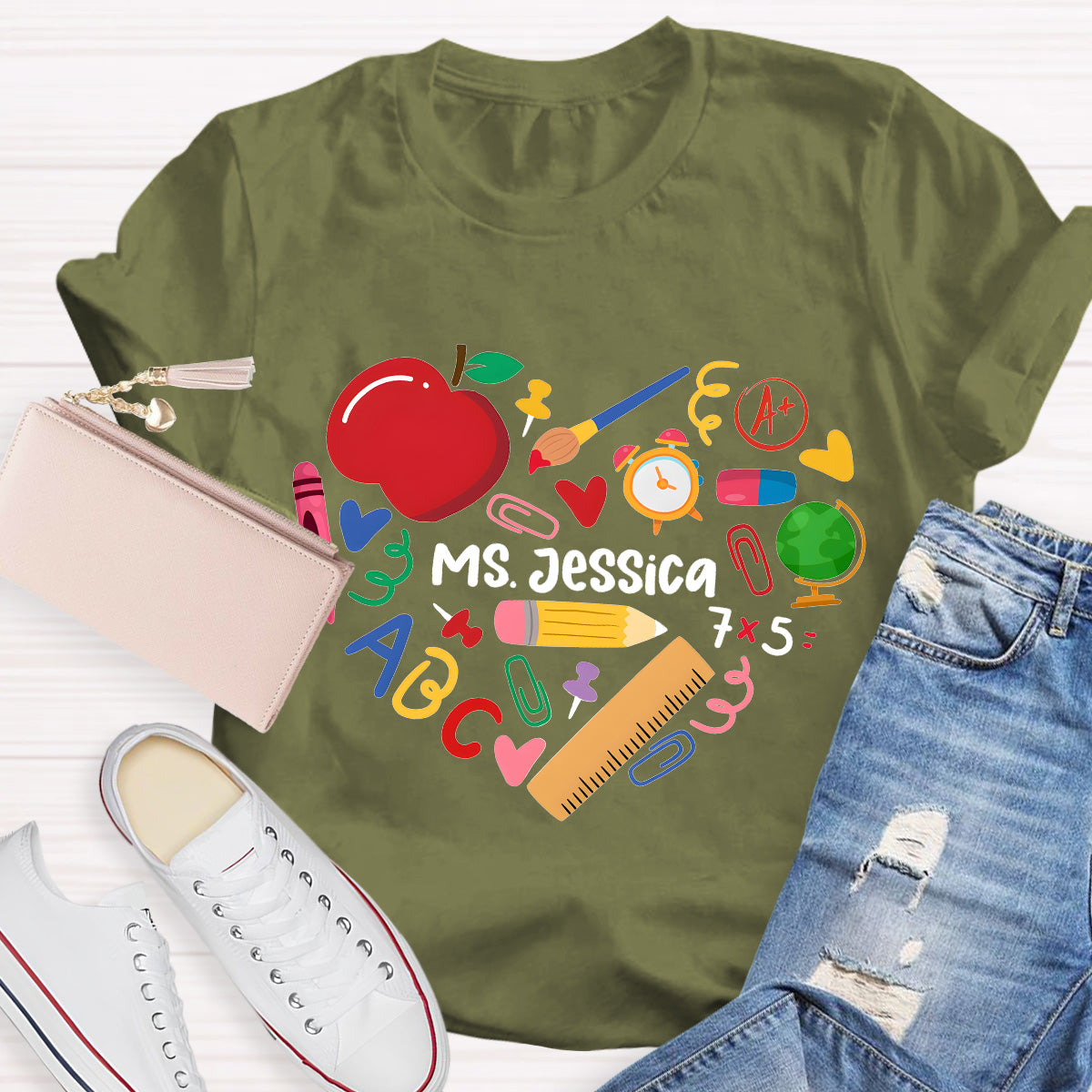 Personalized Name Apple And Heart Teacher T-Shirt