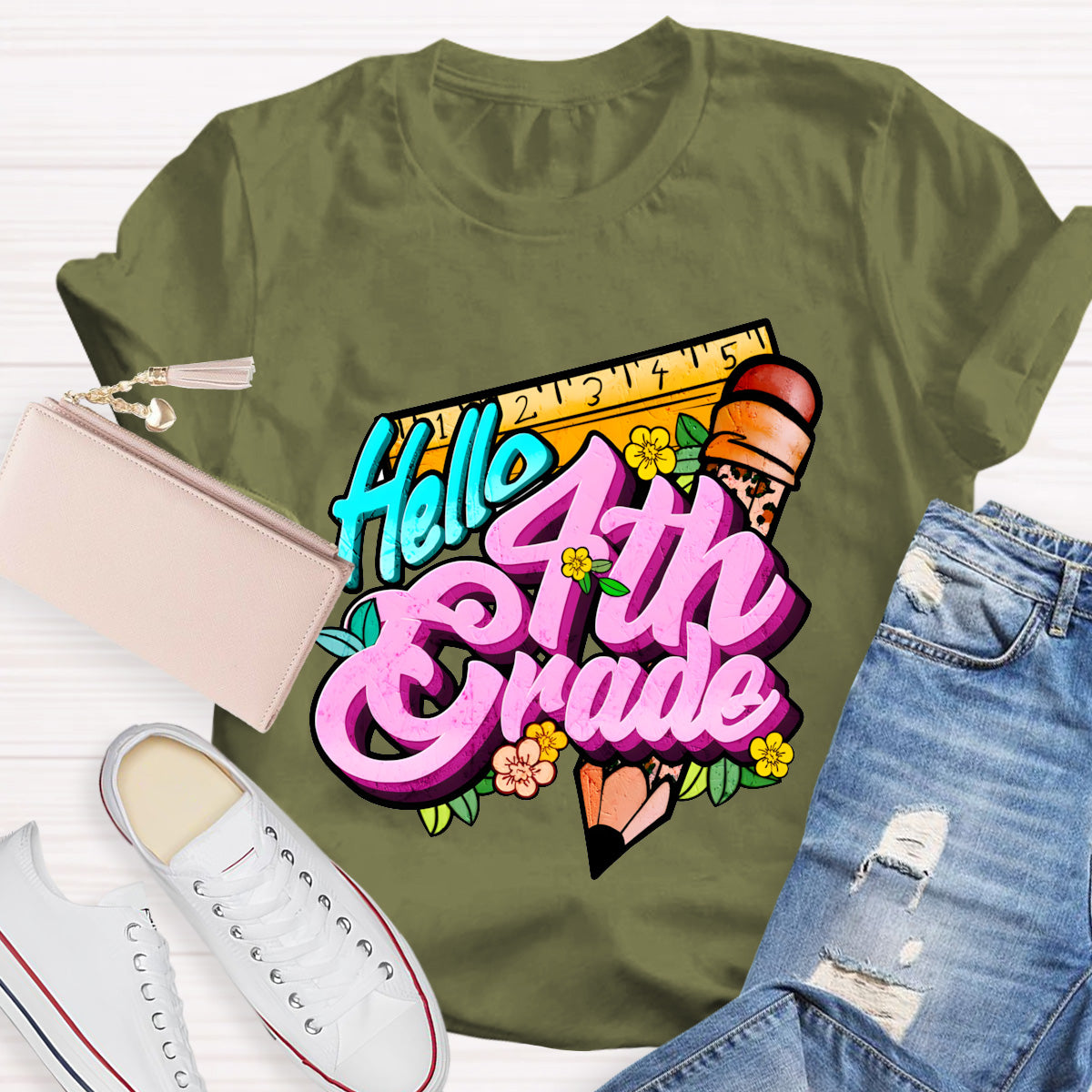 Personalized Grade Hello 4th Grade Back To School Teacher T-Shirt