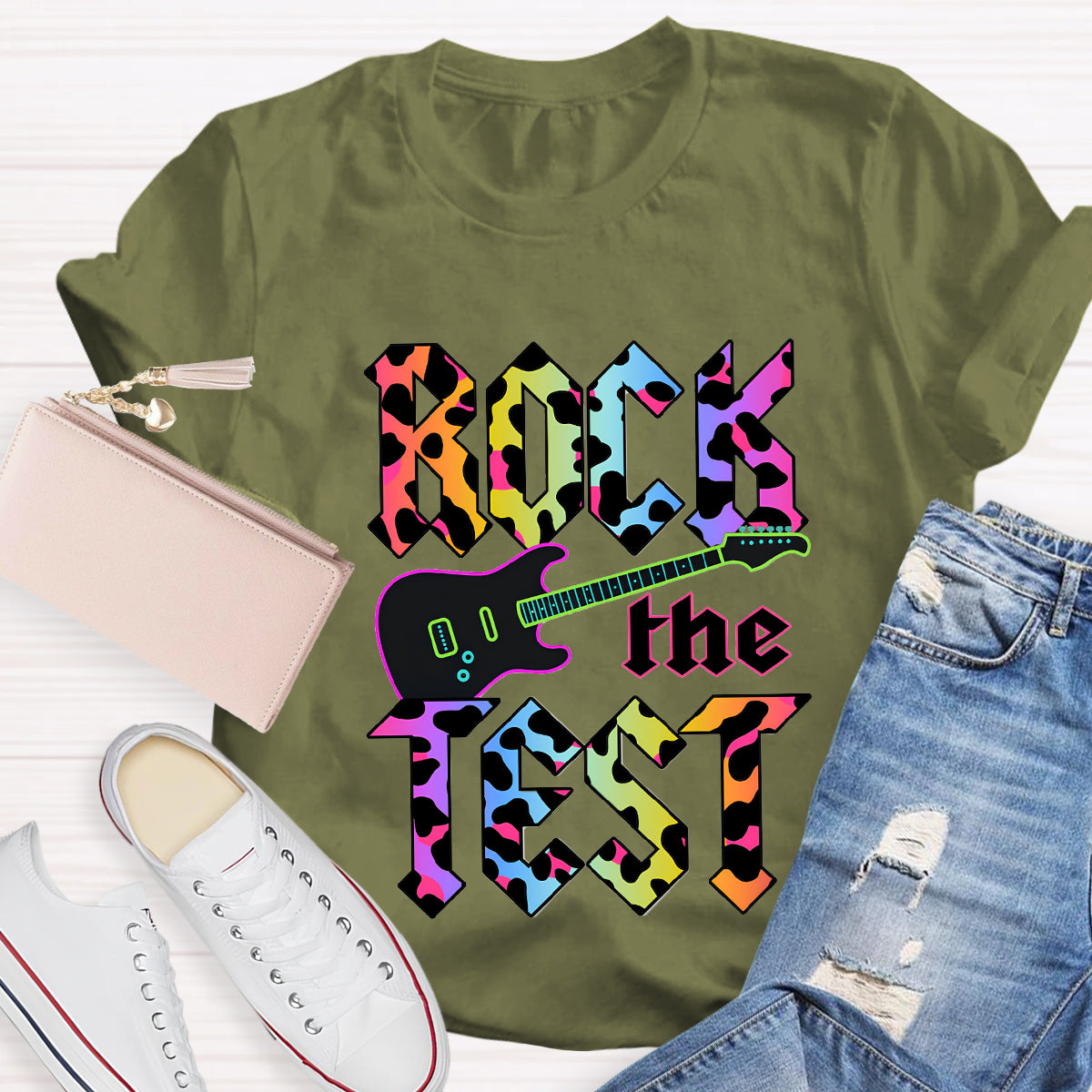 Rock The Test Colorful Leopard Print Teacher T-Shirt