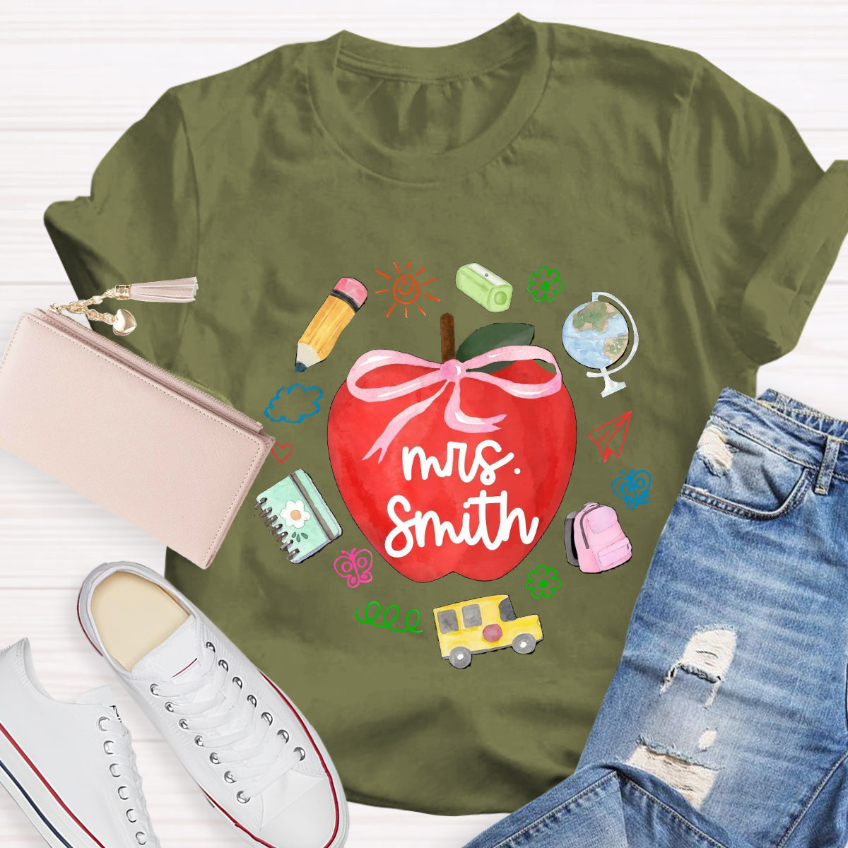 Personalized Name Red Apple Teacher T-Shirt