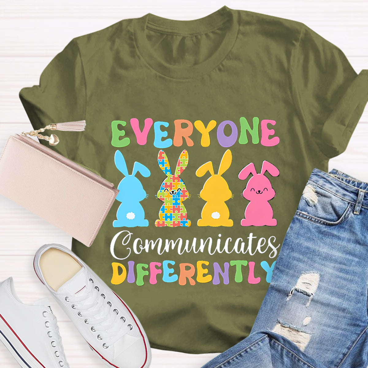 Everyone Communicates Differently Bunny Teacher T-Shirt