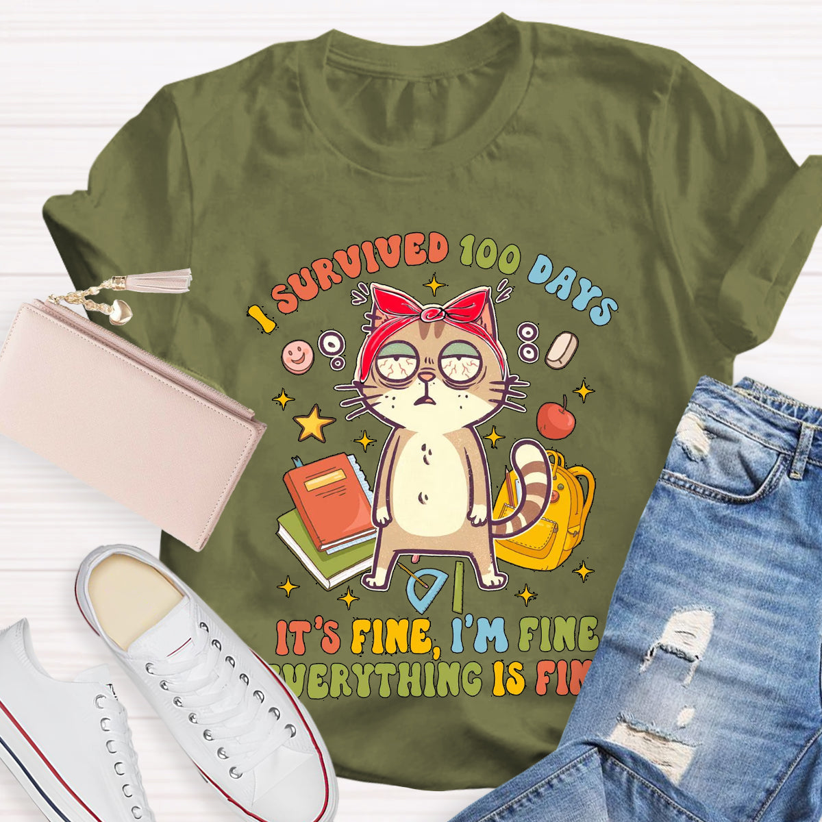 I Survived 100 Days Everything Is Fine Funny Cat T-Shirt