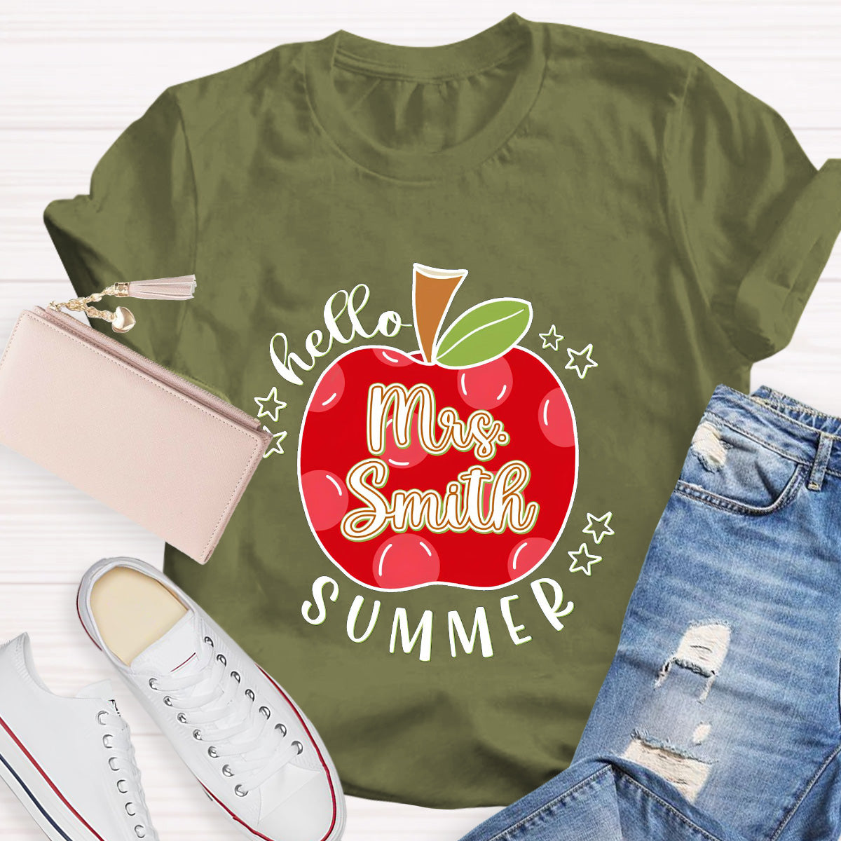 Personalized Name Apple Hello Summer Teacher T-Shirt