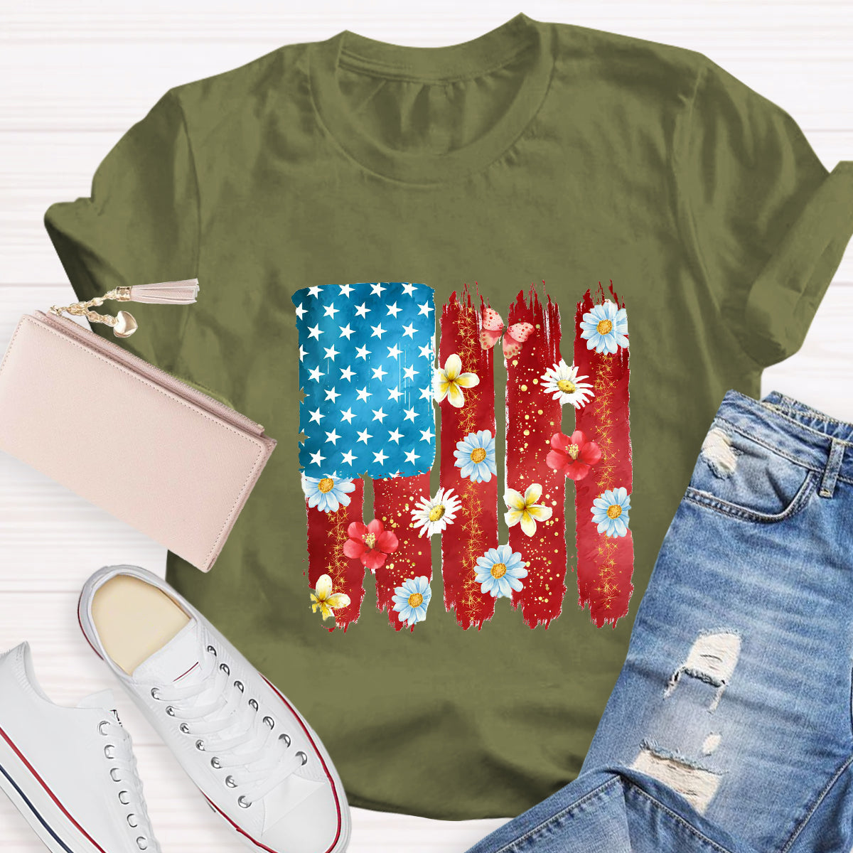 US Flag Flower Strip Star Teacher T-Shirt