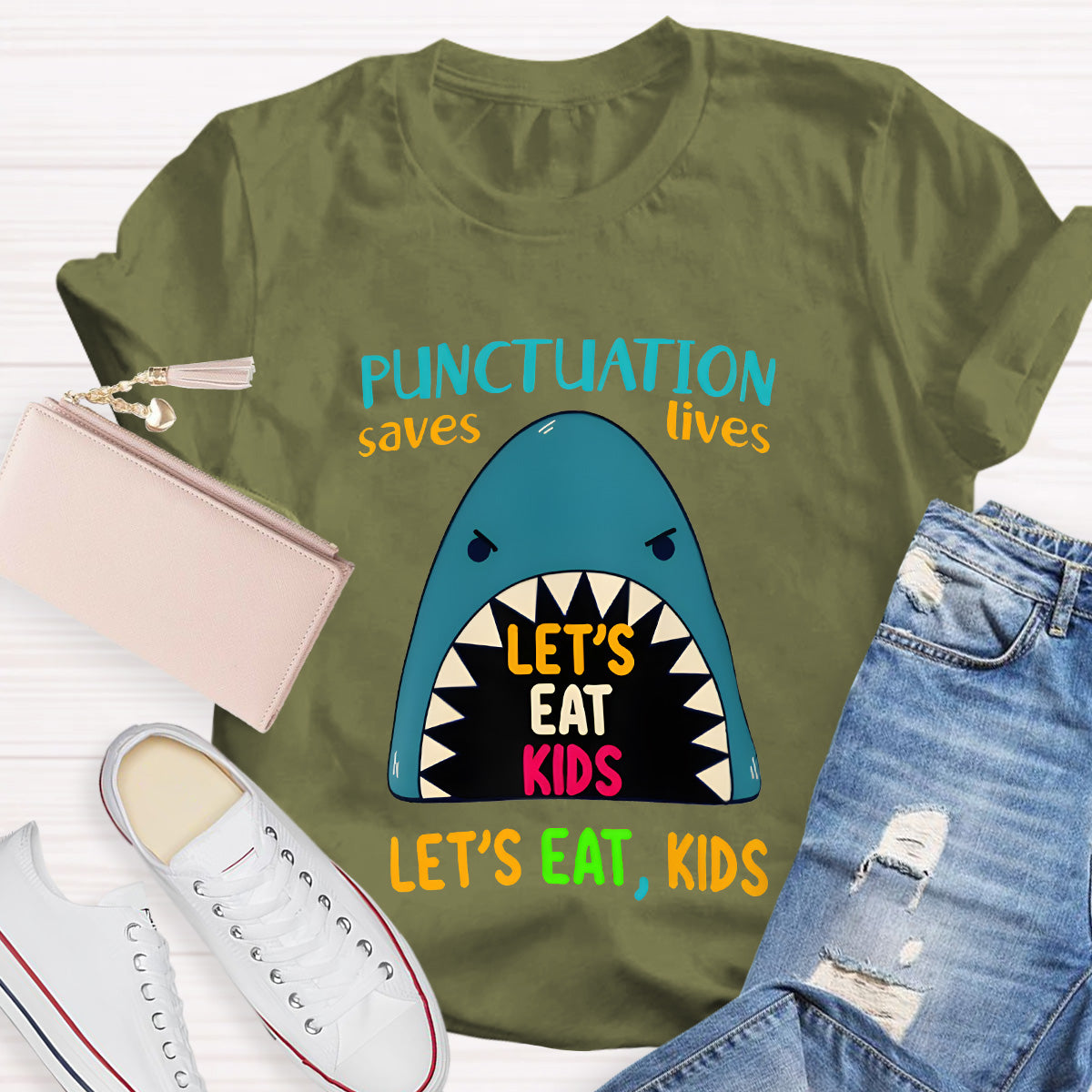 Punctuation Saves Lives The Blue Shark Teacher T-Shirt