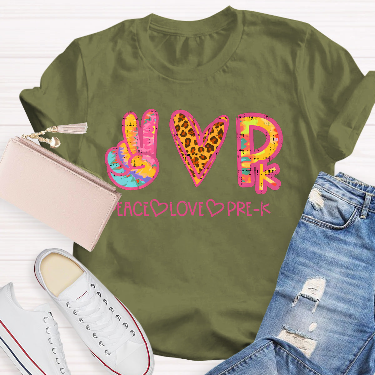 Personalized Grade Peace Love Prek Teacher T-Shirt