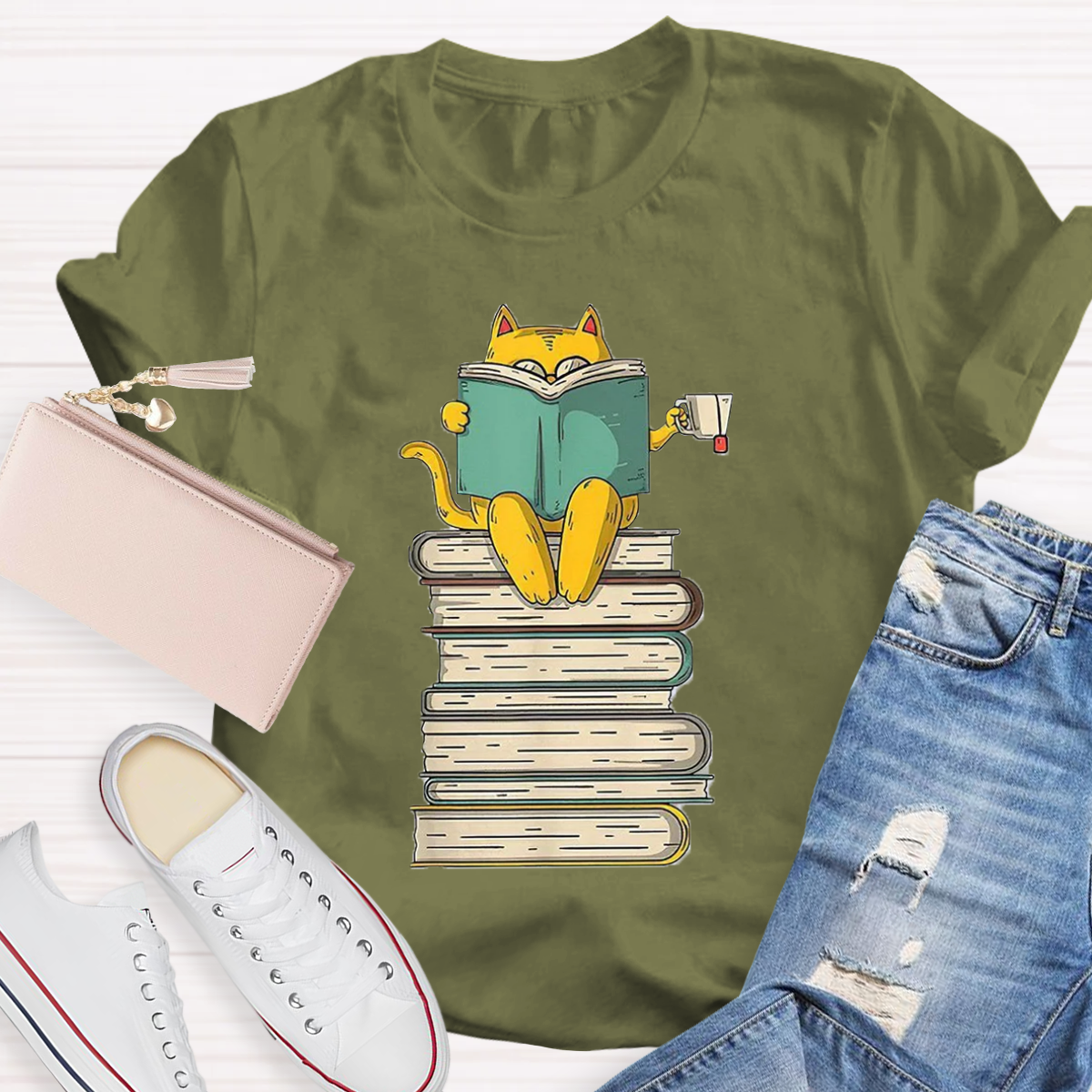 Reading Cat Funny Book & Tea Lover T-Shirt
