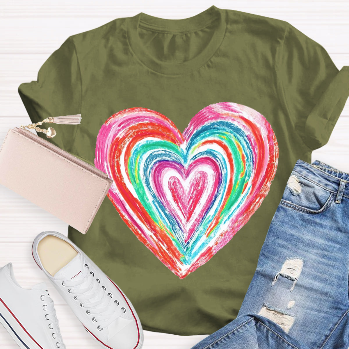Valentines Colorful Rainbow Heart Teacher T-Shirt