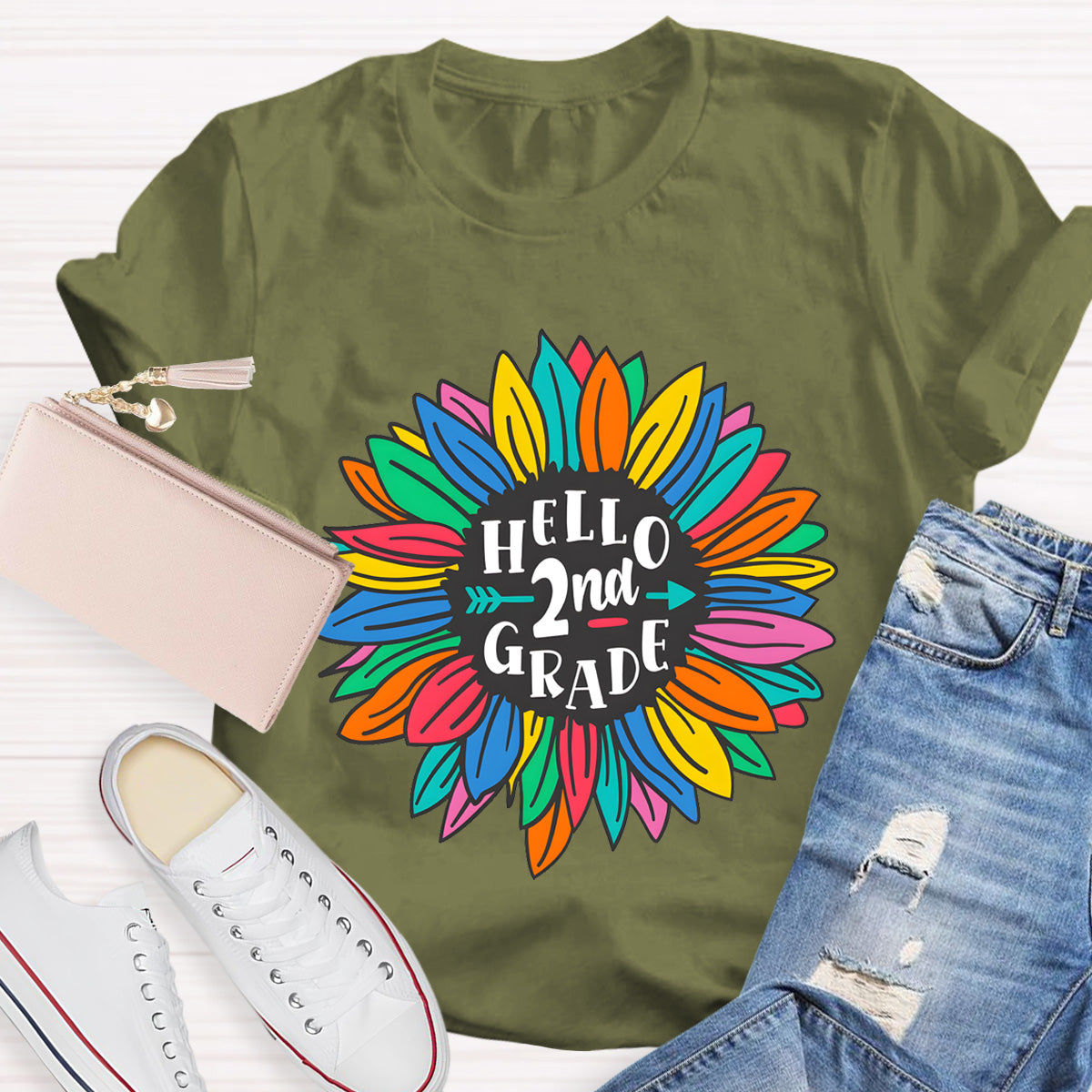 Personalized Grade Hello 2nd Grade Sunflower Teacher T-Shirt