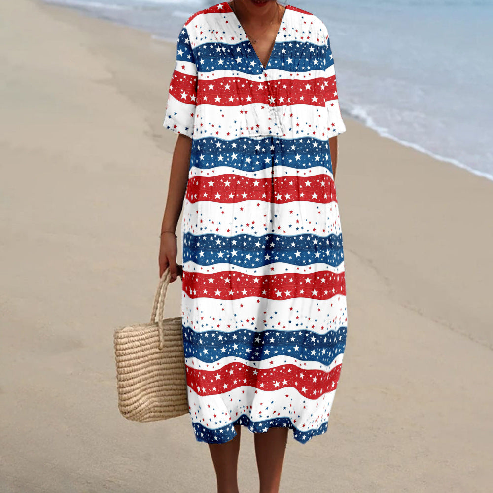 Blue White And Red Striped Star Teacher V-neck Resort Dress