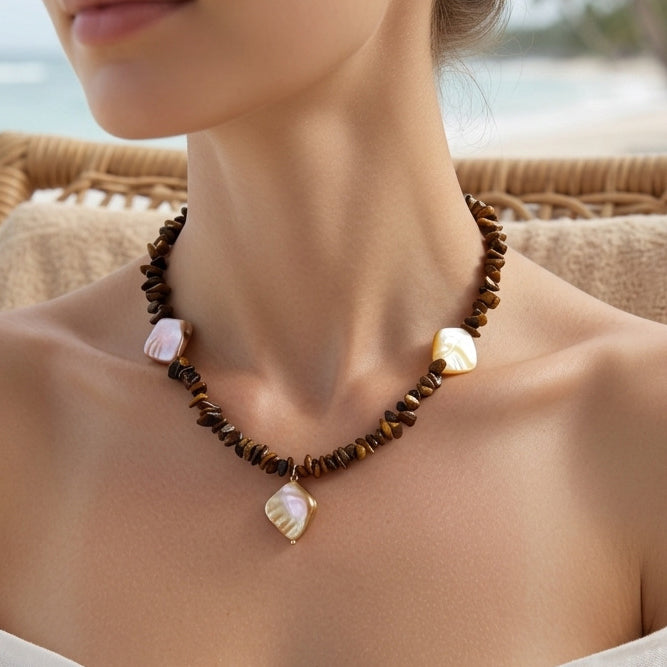 Dopamine-Style Natural Stone Beaded Necklace With Shell Pendant