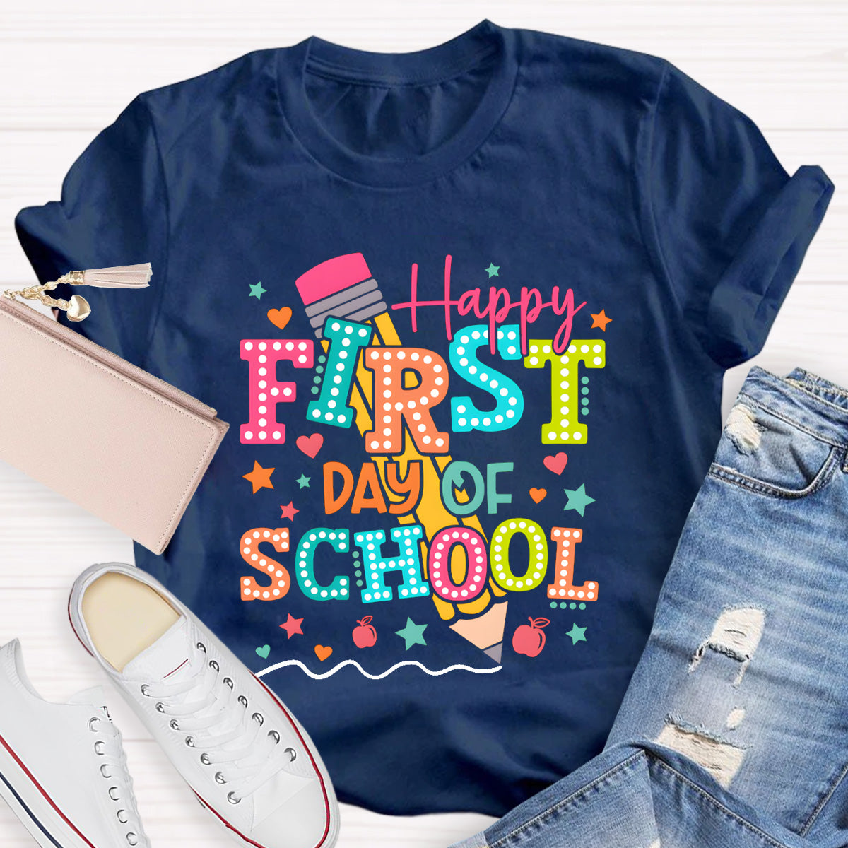 Pencil Dot Happy First Day Of School Teacher T-Shirt