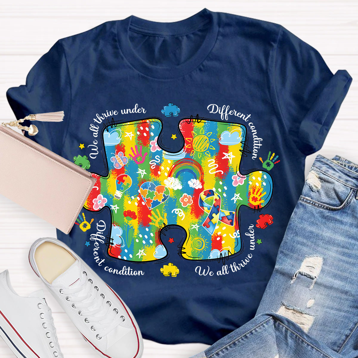 We All Think Under Different Condition Rainbow Puzzle Teacher T-Shirt