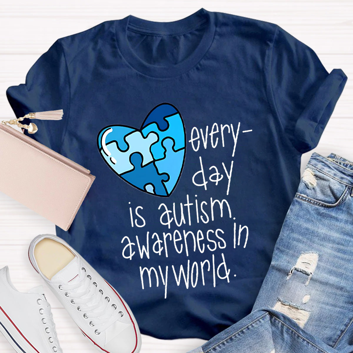 Blue Heart Awareness In My World Teacher T-Shirt
