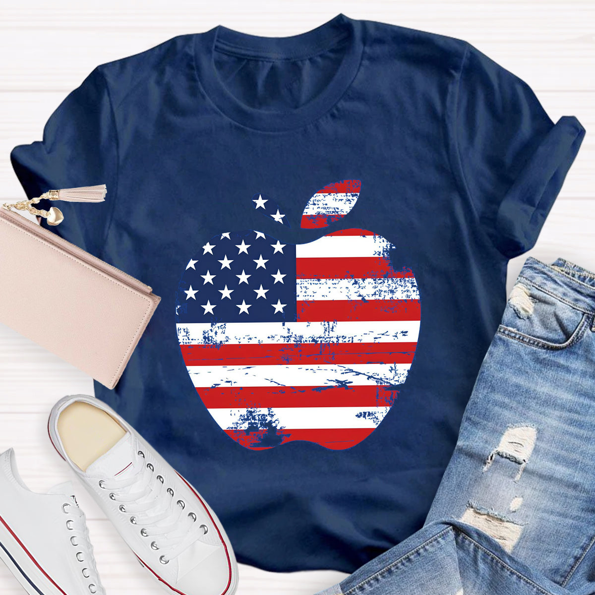 US Flag Apple Teacher T-Shirt
