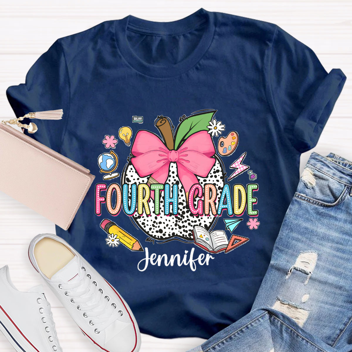 Personalized Teacher Name And Grade leopard print Apple T-Shirt