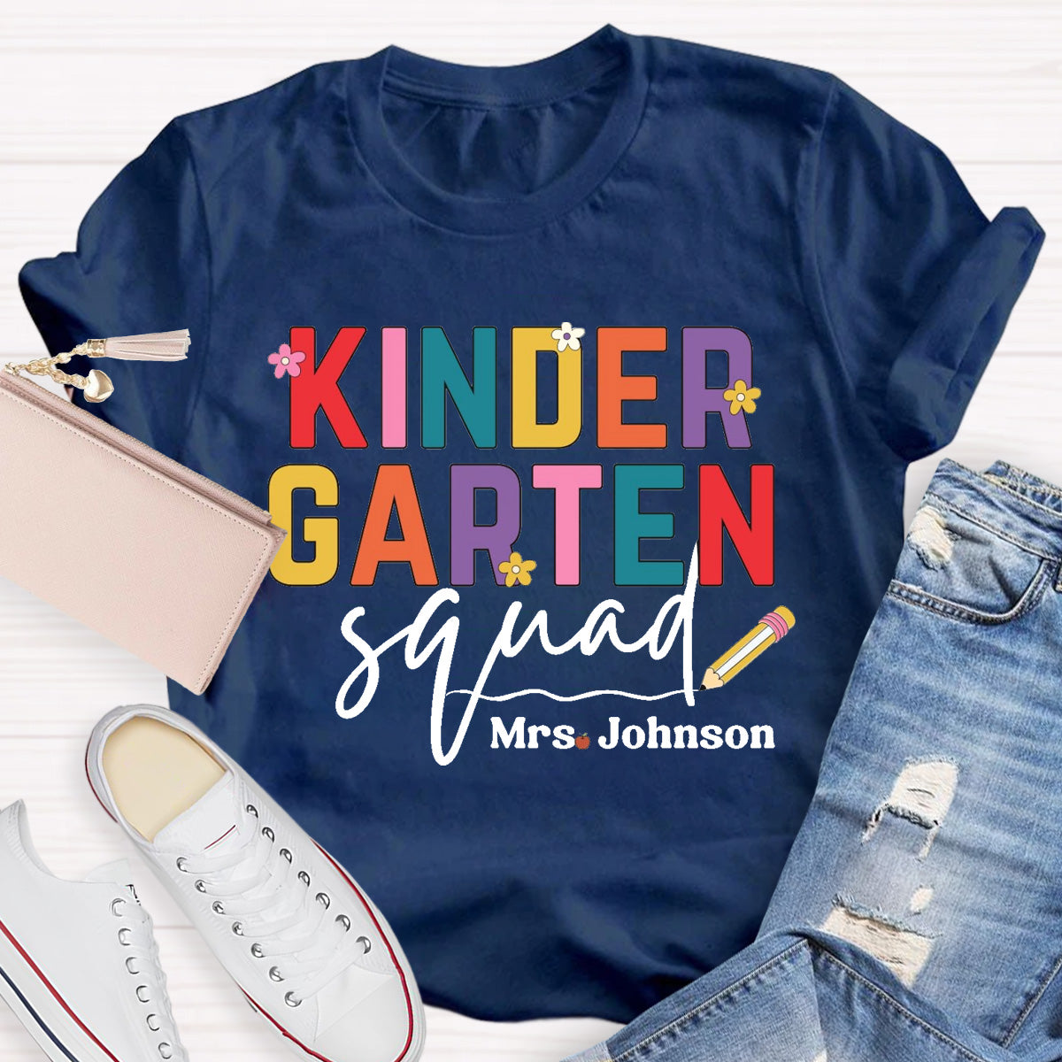 Personalized Grade And Name Teacher Squad Floral Pencil T-Shirt