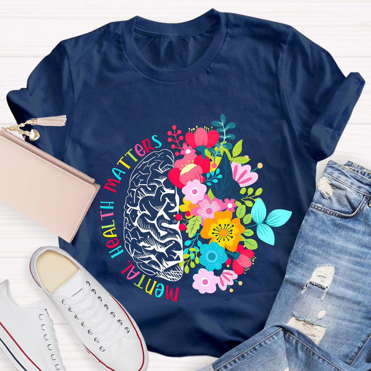 Mental Health Matters Floral Brain Teacher T-Shirt