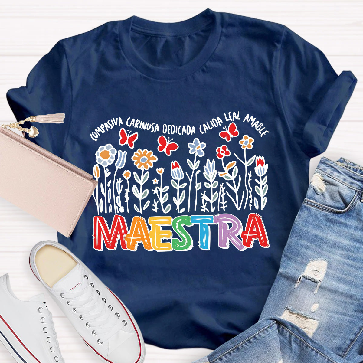 Maestra Butterfly And Flowers Teacher T-Shirt