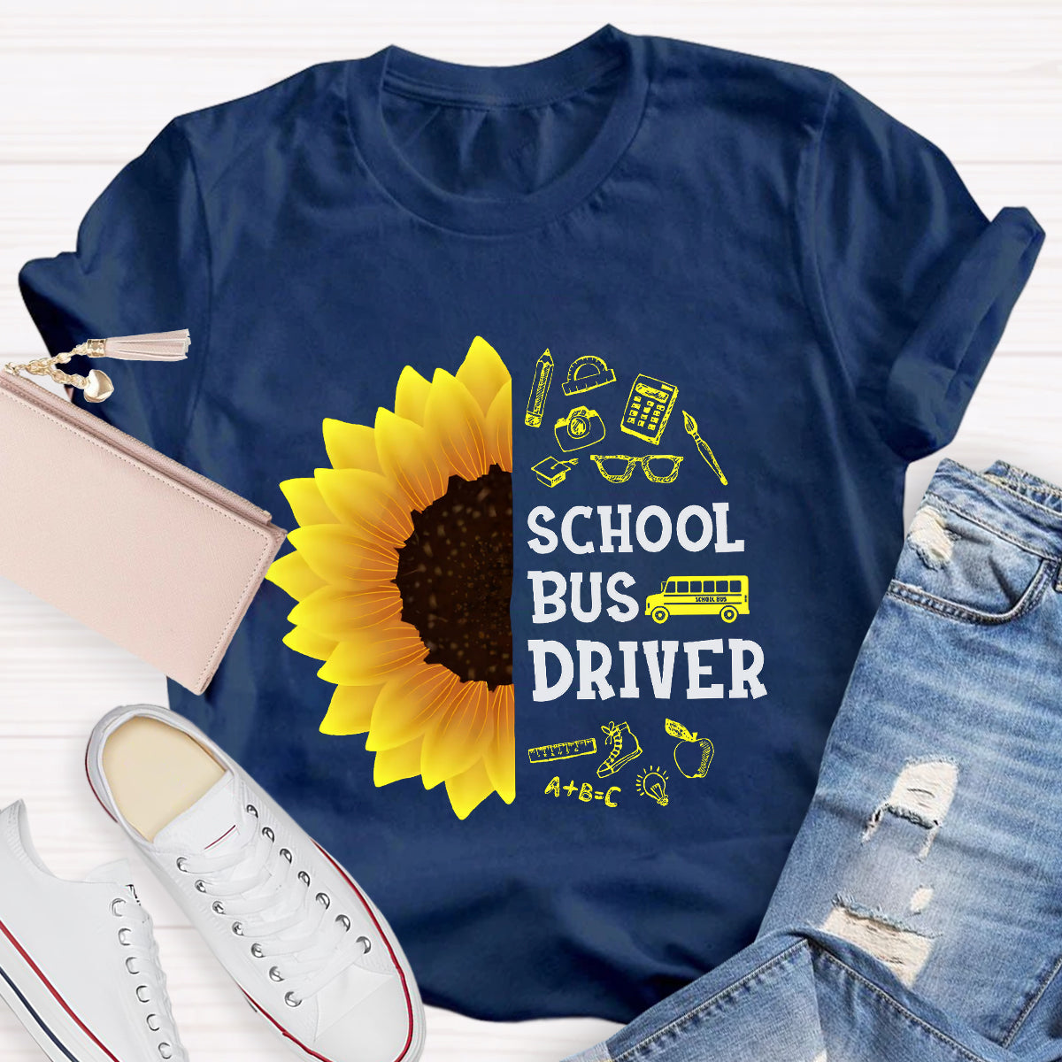 School Bus Driver Sunflower Teacher T-Shirt