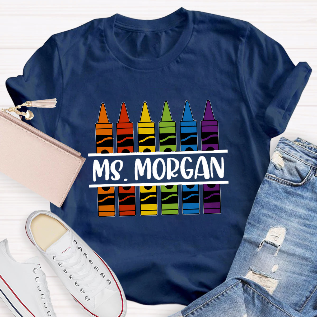 Personalized Name Crayon Printed Teacher T-shirt