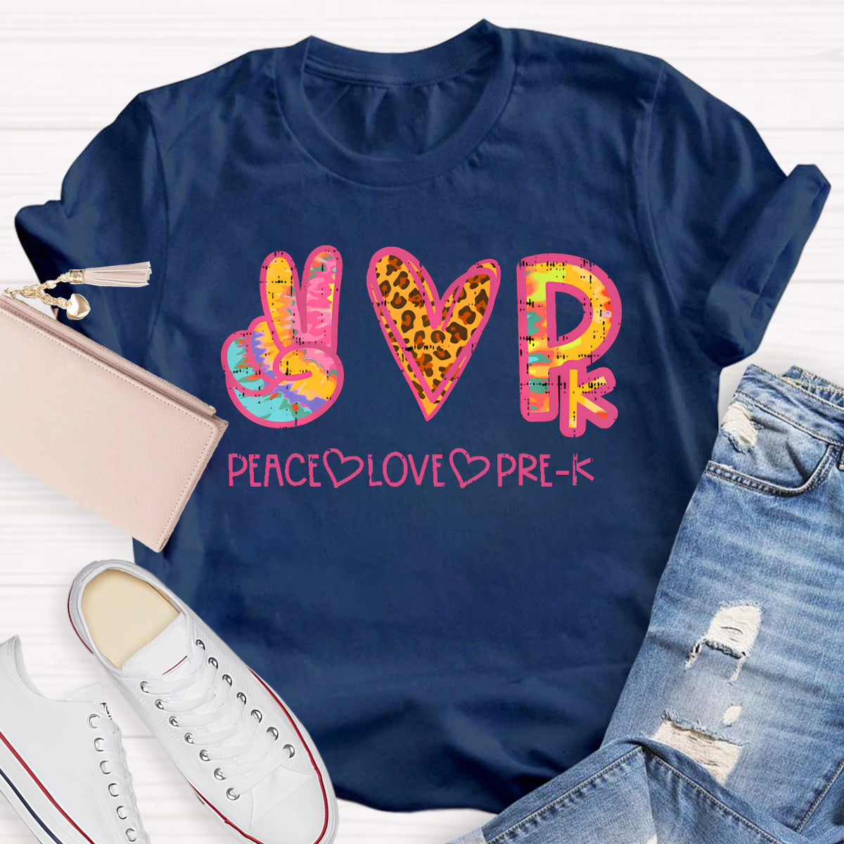 Personalized Grade Peace Love Prek Teacher T-Shirt