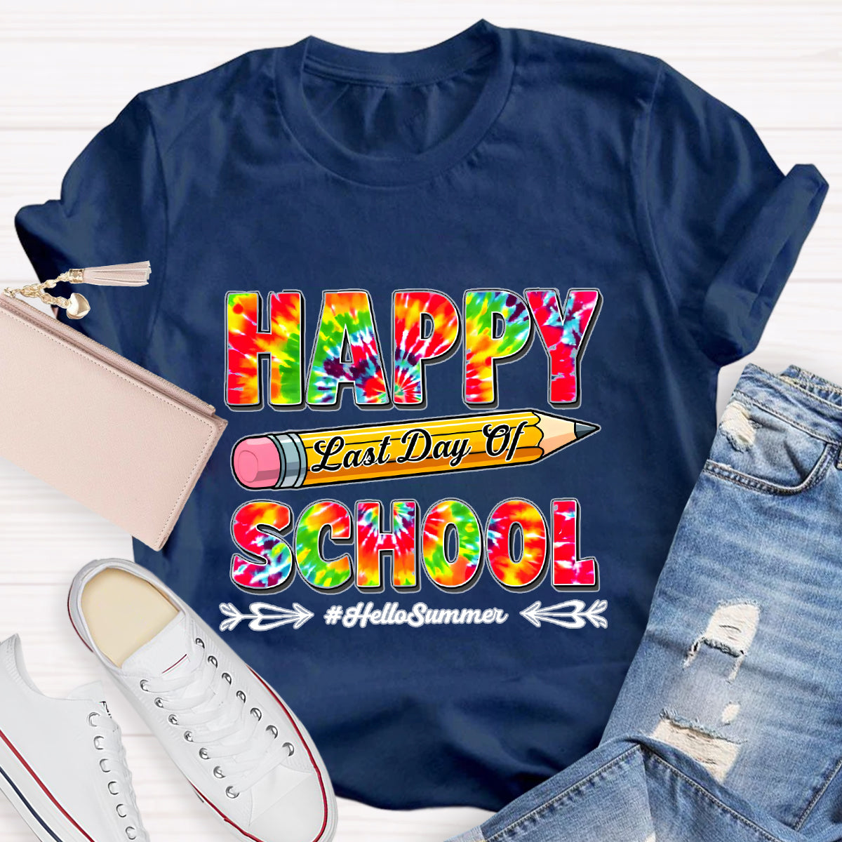 Happy Last Day Of School Hello Summer Colorful Pencil Teacher T-Shirt