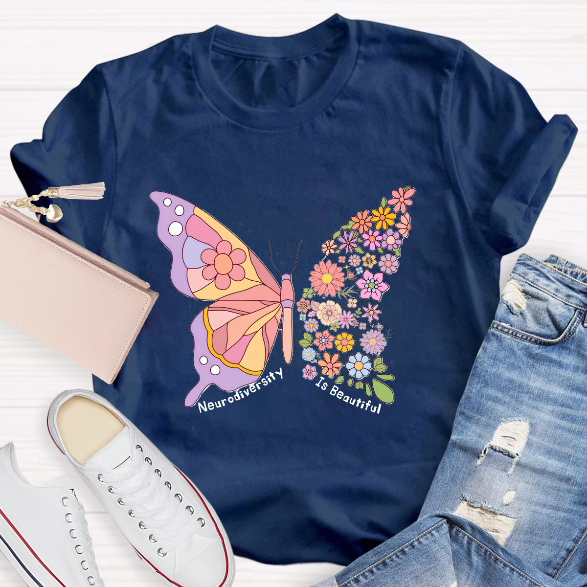 Neurodiversity Is Beautiful Floral Butterfly Teacher T-Shirt