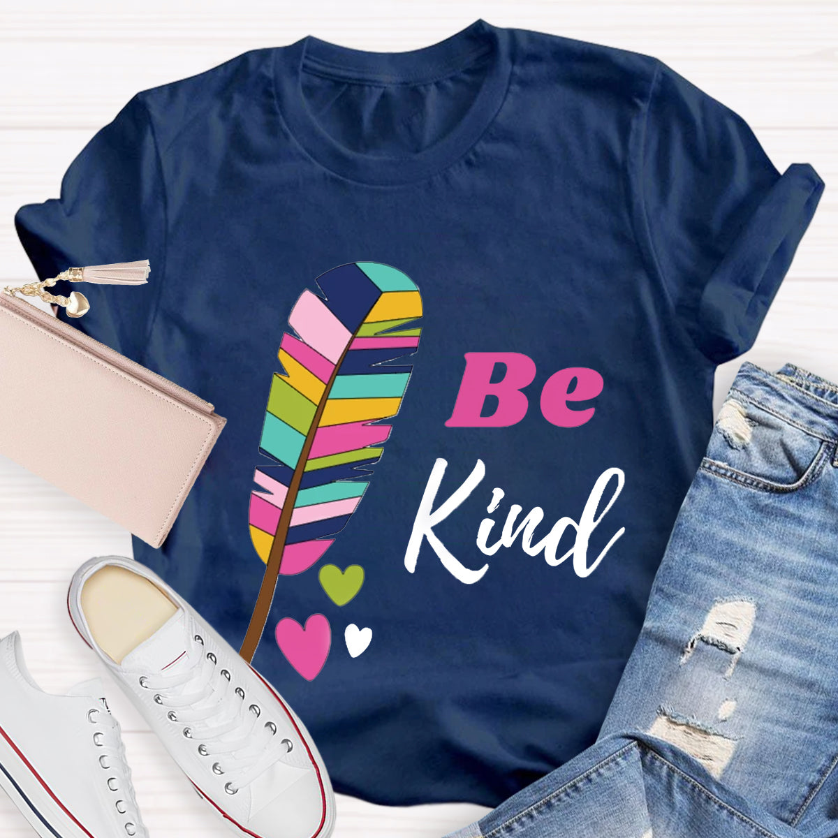 Be Kind Colorful Feather Design T-Shirt
