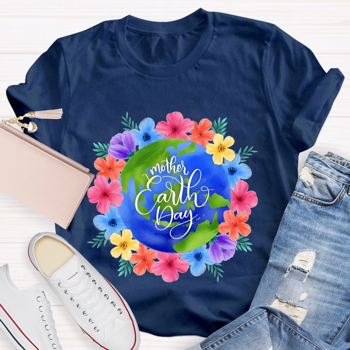 Blue Earth Day Floral Teacher T-Shirt