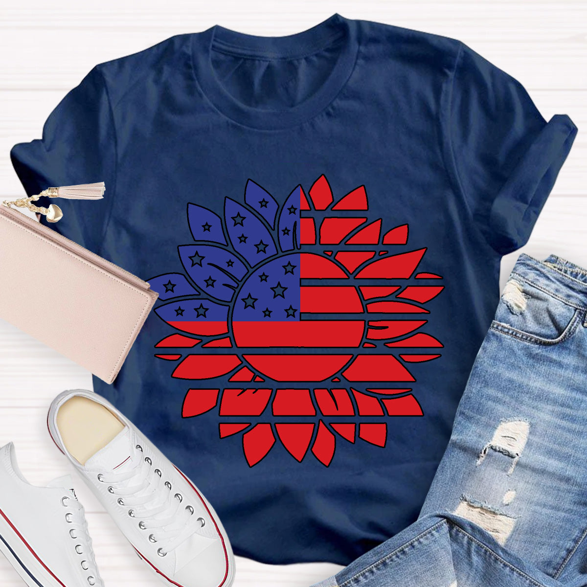 Stars and Stripes Sunflower Teacher T-Shirt