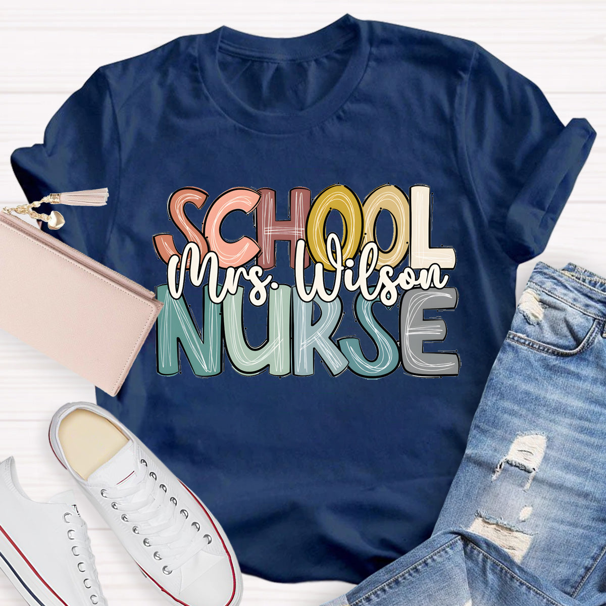 Personalized School Nurse Name Colorful Letter T-Shirt